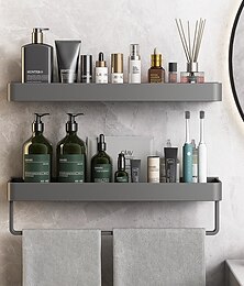 abordables -carrito de ducha estantes de baño pistola montada en la pared organizador de almacenamiento gris estante de baño cocina accesorios de baño colgante espacio en el estante del baño estante de ducha de