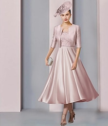 abordables -Robe A-Line Mère de la mariée Robe Invité de mariage Église Élégante Fête Encolure dégagée Longueur thé Satin Dentelle Manches ½ avec plis Robe jour de la course taille sur mesure gratuite