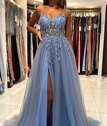 cheap -A-Line Prom Party Dress Princess Dress Formal Prom Court Train Sleeveless V Neck Tulle with Beading 2024