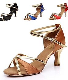 abordables -Femme Chaussures Latines Salon Chaussures de Salsa Danse en ligne Utilisation Intérieur Samba Satin Talon Mince haut talon Boucle Rouge Marron Bleu