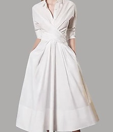 cheap -Women's White Dress Shirt Dress Swing Dress Midi Dress Formal Outdoor Office Polyester Classic Formal Shirt Collar Ruched Button Long Sleeve Summer Spring Regular Fit Pure Color