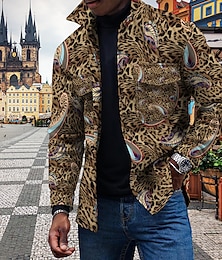 billige -Herre Leopard Skjorte jakke Overskjorte Langermet Mote Gatemote Fritid hverdag Sport & Utendørs Dagligdagstøy Helg Høst vinter Aftæpning Knapper Lomme Trykt mønster Gul Blå Brun Grønn