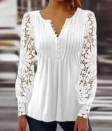 economico -camicetta in pizzo da donna camicette eleganti top eleganti moda basic tinta unita plissettato patchwork manica lunga top normali scollo a V casual quotidiano bianco rosso primavera autunno