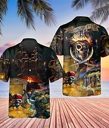 economico -Per uomo Teschi Costumi da pirata Camicia Camicia con bottoni Manica corta Tropicale Sportivo Streetwear Informale Spiaggia Estate Primavera Collo ripiegabile Stampa Bottone giù Giallo