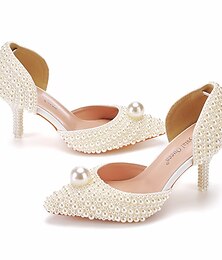 Χαμηλού Κόστους -γαμήλια παπούτσια για νύφη παράνυμφος γυναίκες με κλειστή μύτη λευκή μπεζ λούμπες με απομίμηση μαργαριταριού γατάκι γατάκι βραδινή γαμήλια δεξίωση κομψό κλασικό