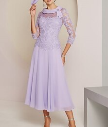 abordables -Robe Mère de la Mariée Ajustée  Colonne Invité de Mariage Fête Douce Col Scoop Longueur Thé Chiffon Dentelle Manches 3/4 Avec Plis Perles 2025 taille personnalisée gratuite