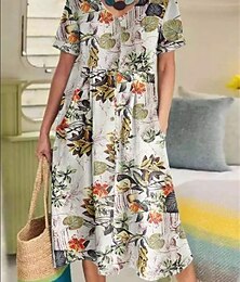 economico -Per donna Giallo Blu marino Viola Estate Primavera Abito Midi Abiti in cotone e lino Vestito Casual Abito estivo in cotone Essenziale Casual All'aperto Vacanza Quotidiano Vestibilità comoda Floreale
