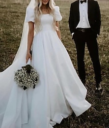 cheap -Formal Wedding Dresses Ball Gown Square Neck Short Sleeve Chapel Train Satin Bridal Gowns With Solid Color 2025
