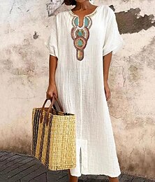 economico -Per donna Bianco Rosa Blu Estate Primavera Abito Lungo Maxi Abito Abito Bianco Abiti in cotone e lino Vestito Casual Essenziale Casual All'aperto Quotidiano Ferie Vestibilità regolare Geometrico