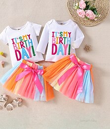 abordables -2 Piezas Bebé Chica Letra Cuello redondo Falda camisa Conjunto Manga Corta Moda Exterior Algodón 3-7 años Verano Multicolor Blanco