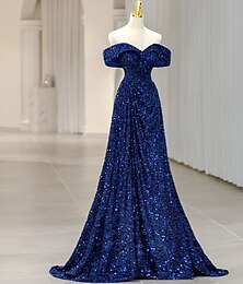 abordables -Robe de soirée A-Line Élégante Robe Invité de Mariage Traîne Balayage  Brosse Sans Manches Off-Shoulder Sequins avec Paillettes Robe de Masquerade 2025