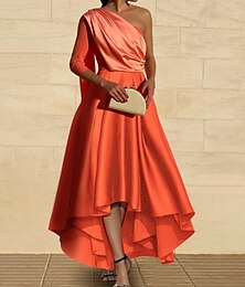 abordables -Robe de soirée A-Line élégante robe formelle fête de mariage longueur thé à manches 3/4 une épaule invité de mariage en satin avec froncé 2025