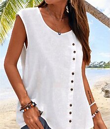 economico -Canotta da donna, semplice, hawaiana, basic, senza maniche, scollo rotondo, in cotone e lino, casual, con bottoni, colore: nero, bianco, blu, verde