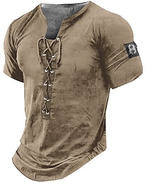 cheap -Lace Up Mens 3D Shirt Casual | Brown Summer Cotton | Men'S Henley Tee Graphic Number Clothing Apparel 3D Print Daily Sports Short Sleeve Fashion Stylish