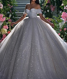 levne -Zásnuby Zářivé Formální Svatební šaty Plesové šaty Pod rameny Pásky Extra dlouhá vlečka Flitry Svatební šaty S Jednobarevné 2024