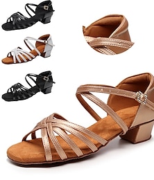 cheap -Women's Latin Shoes Dance Shoes Indoor Professional Samba Basic Sandal Heel Protection Low Heel Thick Heel Peep Toe Adults' Children's Tan Bright Black Black