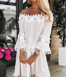 economico -Per donna Vestito longuette Vestito bianco Abito di pizzo Vestito a trapezio Abito estivo Di tendenza Essenziale Moderno Esterno Da mare Giornaliero Morbido Liscio Manica a 3/4 Senza spalline Bianco