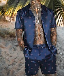 abordables -Homme Fleuri Formes Géométriques 2 pièces Ensembles de chemises Chemise hawaïenne Manche Courte Pantalon court Col Rabattu Tropical Mode Hawaïen Occasionnel Fête Plage Imprimé Été Printemps Vert