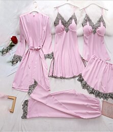 olcso -női fehérnemű pizsama szett 5 darabos szatén virágos csipke cami felső köntös hálóing nadrág rózsaszín fekete xxl méret