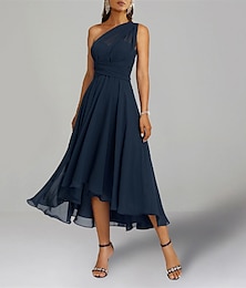 ieftine -rochii albastre pentru invitați de nuntă rochie convertibilă infinity pentru mamă, lungă de ceai, fără mâneci, șifon cu un umăr, cu volan 2024