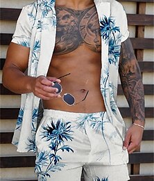 cheap -Men's Summer Hawaiian Shirt Shirt Set Coconut Tree Graphic Prints Turndown Yellow Pink Blue Sky Blue Purple Street Casual Short Sleeve Print Clothing Apparel Tropical Fashion Hawaiian Designer