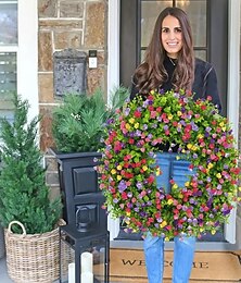 billige -kunstige blomsterblade krans, grønne blade krans, rund krans til hoveddør hængende væg vindue bryllupsfest dekoration 1 stk stor 45cm(17in)