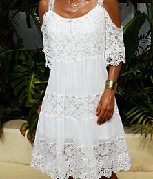economico -Per donna Abito Midi Abito da laurea Abito in Pizzo Abito Estivo Abito Boho Moda Moderno All'aperto Vacanza Quotidiano Vestibilità regolare Semplice Manica Corta Spallina Bianco Rosa Azzurro Estate