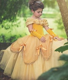 preiswerte -kinderkleidung Mädchen Party Kleid Feste Farbe Kurzarm Leistung Pegeant Rüschen Patchwork Prinzessin Kostüm Polyester Maxi abendkleider Schaukelkleid Sommer Frühling 3-10 Jahre Gelb