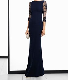 abordables -Robe de mère de la mariée fourreau invitée de mariage vintage party encolure dégagée longueur sol en dentelle tissu extensible manches 3/4 avec couleur unie taille personnalisée gratuite