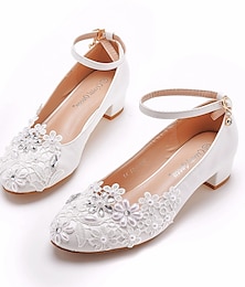 cheap -Women's Wedding Shoes Pumps Bling Bling Bridal Shoes Rhinestone Flower Chunky Heel Round Toe Elegant Faux Leather Buckle White