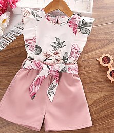 cheap -2 Pieces Kids Girls' Floral Shorts Suit Set Sleeveless Active Outdoor Cotton 3-7 Years Summer Multicolor Pink Wine