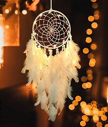 economico -Acchiappasogni a led con piume bianche lucine creative da appendere alla parete camera da letto per le vacanze casa matrimonio balcone giardino decorazione campanelli eolici luce regalo di benedizione