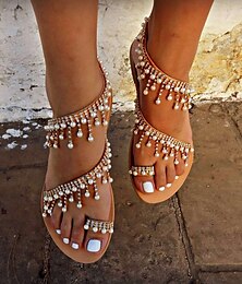 cheap -Women's Sandals Boho Bohemia Beach Wedding Imitation Pearl Flat Heel Open Toe Elegant Casual Faux Leather Brown