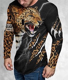 Недорогие -Муж. Графика Животное Леопард Футболка Футболки Длинный рукав Футболка 3D печать Вырез под горло Рубашка Винтаж Мода Оригинальный рисунок на открытом воздухе Повседневные Спорт Коричневый