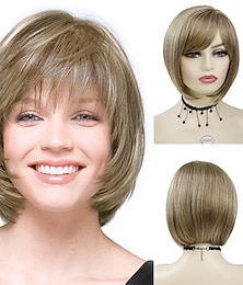 abordables -court mélange brun clair blonde bob perruque avec une frange pour les femmes blanches coiffures synthétiques naturelles avec surbrillance cheveux doux remplacement perruques usage quotidien costume de