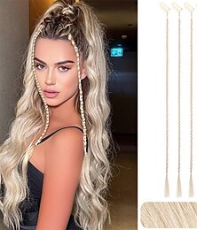 billige -Braid Hair Extensions 4 PCS Baby Braids Front Side Bang Curtain Bang Clip in Hair Extensions Long Braided Hair Piece Natural Soft Synthetic Hair for Women Daily Wear 20 Inch Cool Light Blonde