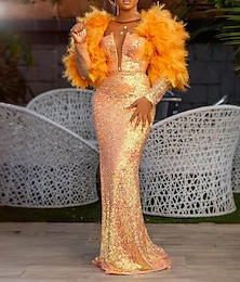 abordables -Robe de Soirée Sirène Robe Sequins Carnaval Longueur De Sol Manches Longues V Col avec Plumes Cristaux Robe de Mascarade 2025