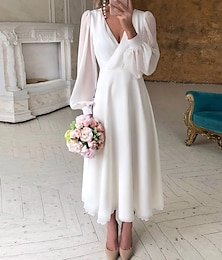 cheap -Simple Wedding Dresses Little White Dresses A-Line V Neck For Wedding Reception Lantern Sleeve Ankle Length Chiffon Bridal Shower Gowns With Solid Color 2024