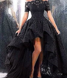 preiswerte -A-Linie Abendkleider Elegant Kleid Formal kleid hochzeitsgast Asymmetrisch Kurzarm Schulterfrei Spitze mit Rüschen Applikationen 2024