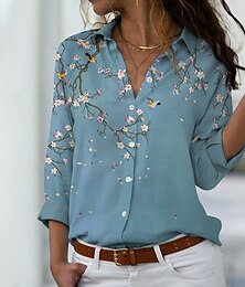abordables -Camisa de mujer con estampado floral botones verde morado azul manga larga casual vacaciones elegante moda cuello de camisa primavera verano