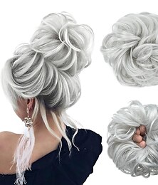 economico -panino disordinato grandi elastici ondulati ricci sintetici grigio argento coda di cavallo estensioni dei capelli pezzi di capelli updo spessi per donne ragazze bambini
