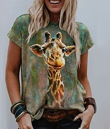 abordables -Camiseta básica para mujer con estampado de jirafa, manga corta, cuello redondo, para uso diario, fin de semana, verde