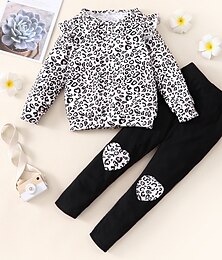 preiswerte -2 Stück Baby Mädchen Leopard Kleidungsset einstellen Langarm Brautkleider schlicht Casual 3-7 Jahre Frühling Weiß