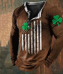 preiswerte -St. Patrick's Day Herren-Henley-Shirt, T-Shirt, grafisches Kleeblatt, Nationalflagge, Henley-Kleidung, Bekleidung, 3D-Druck, täglicher St. Patrick's Day, lange Ärmel, Button-Down-Druck, Modedesigner
