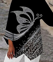 economico -Blusa da donna Chiffon Basic con stampa di farfalle maniche lunghe maglie regolari girocollo casual bianca grigia primavera autunno