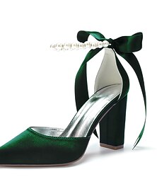 levne -elegantní zelené saténové kotníkové podpatky – špičatá špička, detail s perleťovou mašličkou, dámské lodičky s blokovým podpatkem – ideální na svatby a večírky