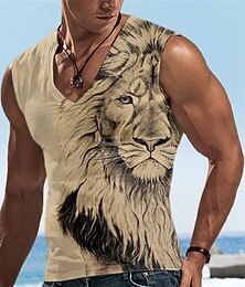 abordables -Homme Top T-shirt sans manches pour hommes Graphic Animal Lion Col V Vêtement Tenue 3D effet Des sports Course Sans Manches Impression 3D Design Décontractées Muscle