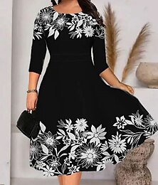 billige -kvinders plus size kurve arbejdskjole a line kjole bladblomstret midikjole halværmet print rund hals elegant kontor sort hvid forår sommer xl xxl 3xl 4xl 5xl