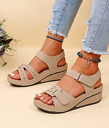 economico -sandali con zeppa beige da donna - scarpe estive casual aperte con cinturini regolabili e suola comoda per l'uso quotidiano