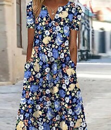 זול -שמלת מידי נשים שמלת שינוי פרחונית כיס מודפס צוואר V חופשה קצרה קיץ אביב